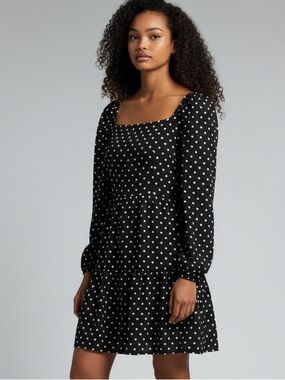 Polka Dot Babydoll Dress Black White Puffed Sleeves Smocked Back New with Tags M